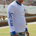 White/Blue Long Sleeve Ringer Tee - SLC Logo